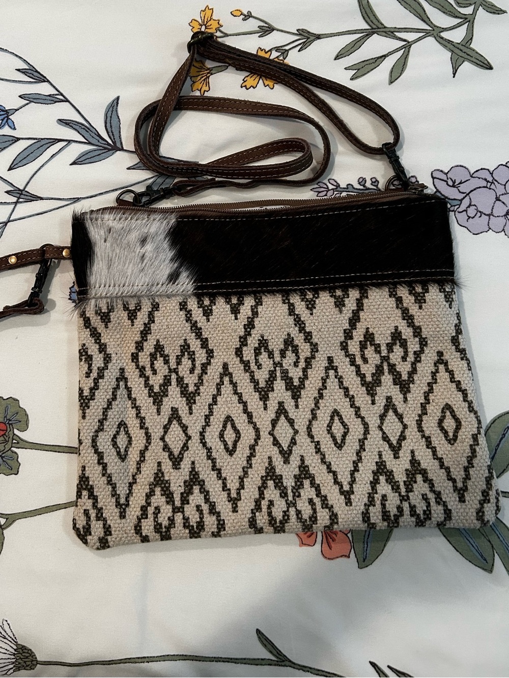 Maya Black, Cream & Brown Textured Crossbody with Hair-On Trim